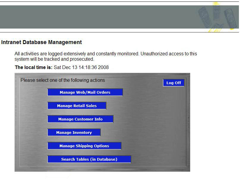 Intranet database management panel